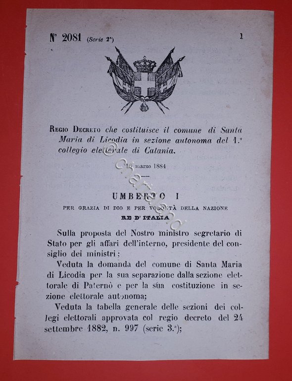 Decreto Regno Italia - Costituzione Santa Maria di Licodia di … | Immagine Gallery 2
