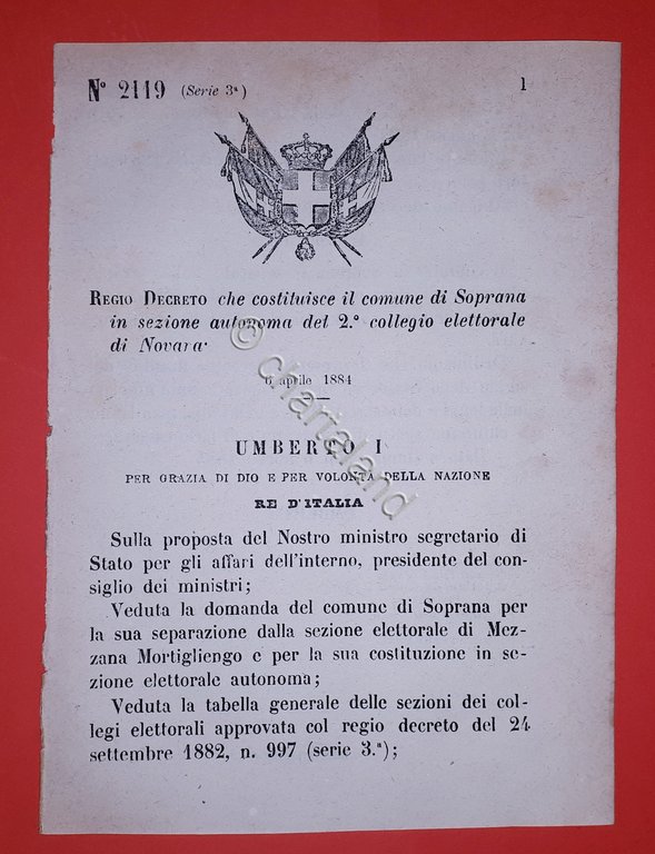 Decreto Regno Italia - Costituzione Soprana in sezione di Novara … | Immagine Gallery 2