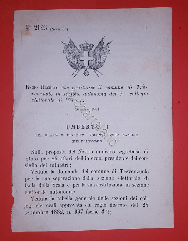 Decreto Regno Italia - Costituzione Trevenzuolo in sezione di Verona … | Immagine Gallery 2