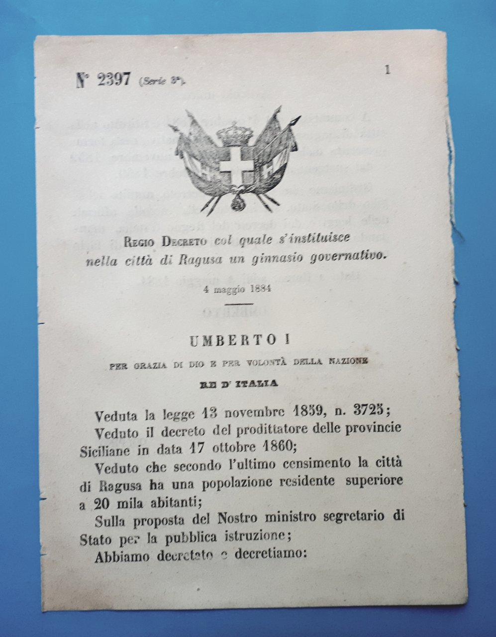 Decreto Regno Italia - Costituzione un ginnasio governativo in città …