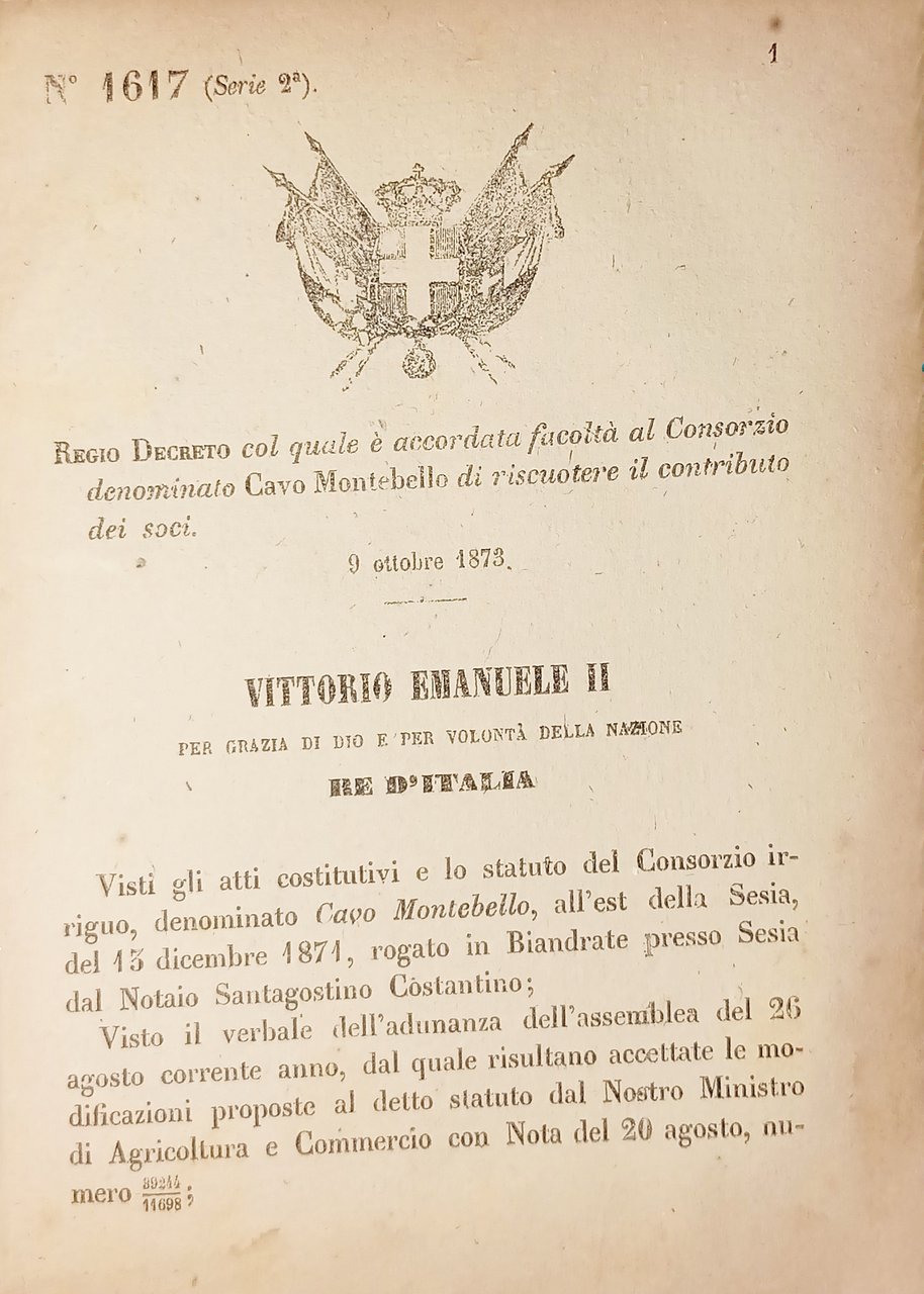 Decreto Regno Italia - Facoltà Cavo Montebello riscuotere contributo soci … | Immagine principale