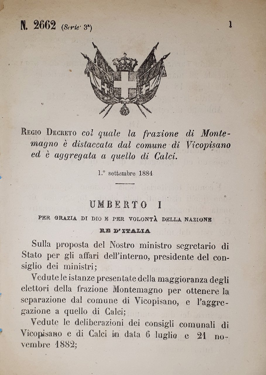 Decreto Regno Italia - Frazione Montemagno è aggregata a comune …