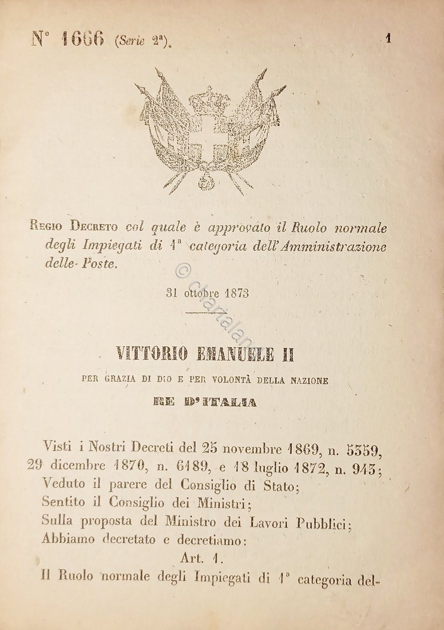 Decreto Regno Italia - Impiegati di 1^ categoria dell'Amministrazione Poste …