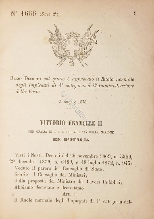 Decreto Regno Italia - Impiegati di 1^ categoria dell'Amministrazione Poste … | Immagine Gallery 1