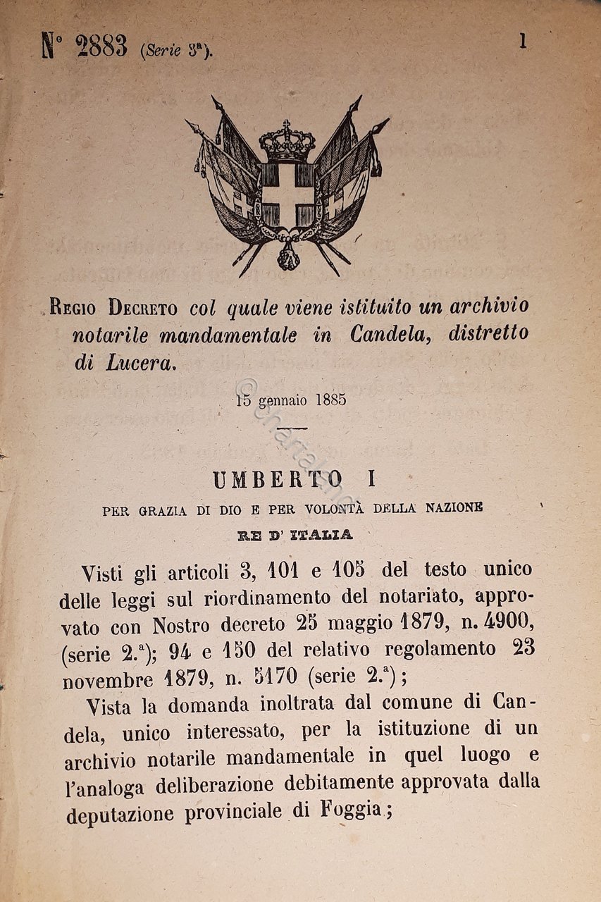 Decreto Regno Italia - Istituito archivio notarile in Candela di … | Immagine principale