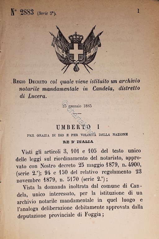 Decreto Regno Italia - Istituito archivio notarile in Candela di … | Immagine Gallery 2