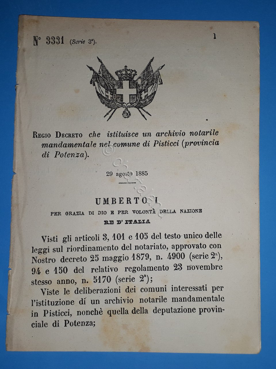 Decreto Regno Italia - Istituzione archivio notarile nel Pisticci - …