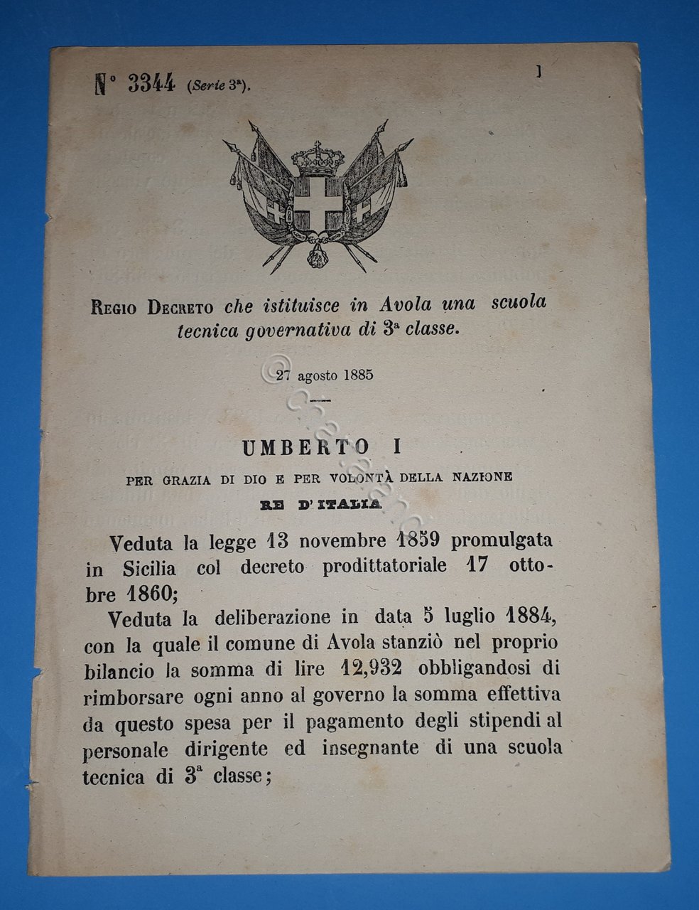 Decreto Regno Italia - Istituzione in Avola scuola tecnica 3^ …