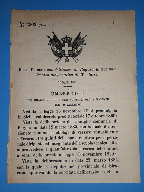 Decreto Regno Italia - Istituzione in Ragusa scuola tecnica 3^ a classe 1885