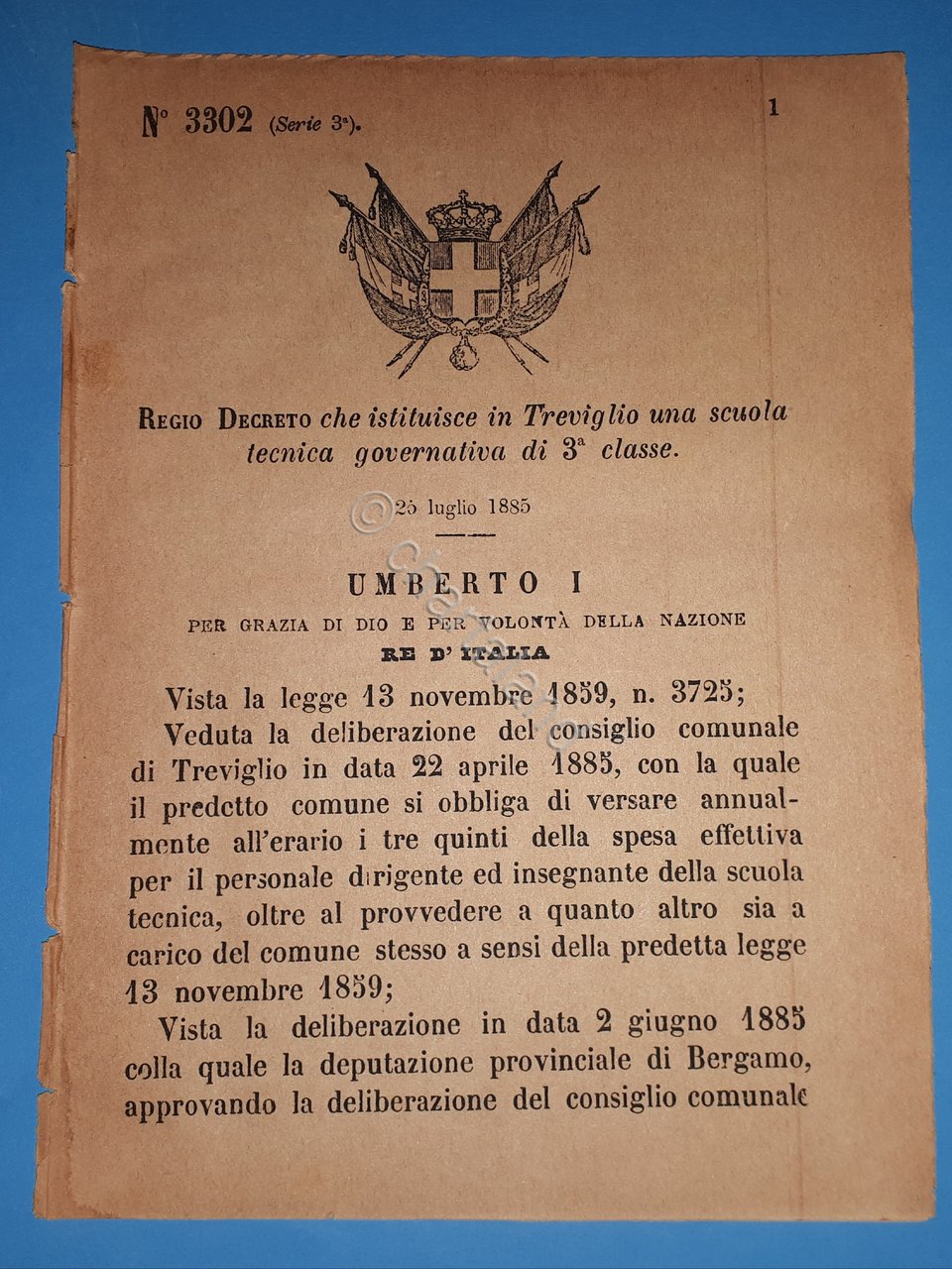 Decreto Regno Italia - Istituzione in Treviglio scuola tecnica 3^ …