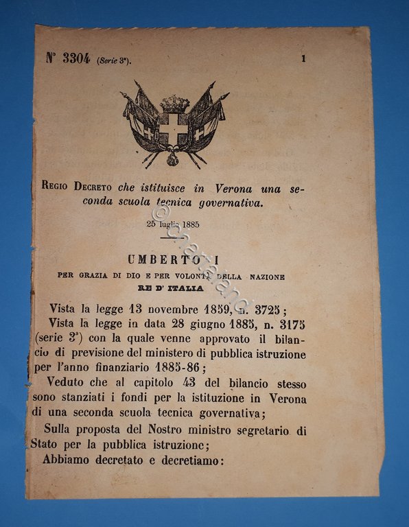 Decreto Regno Italia - Istituzione in Verona una seconda scuola …
