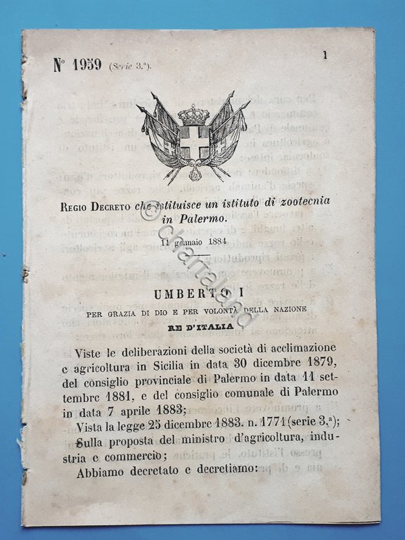 Decreto Regno Italia - Istituzione scuola di zootecnia in Palermo …