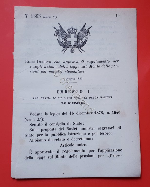 Decreto Regno Italia - Istituzione terzo ginnasio governativo in Palermo 1883
