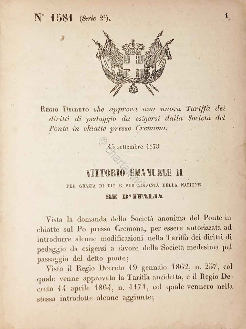 Decreto Regno Italia - Nuova Tariffa dei diritti di pedaggio …
