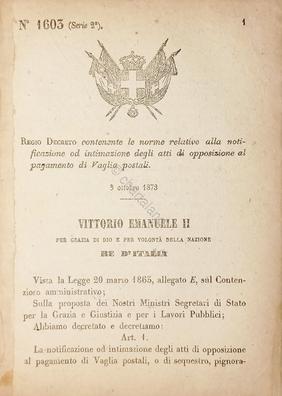Decreto Regno Italia - Opposizione al pagamento di Vaglia postali …