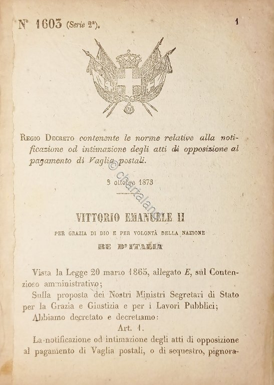 Decreto Regno Italia - Opposizione al pagamento di Vaglia postali …