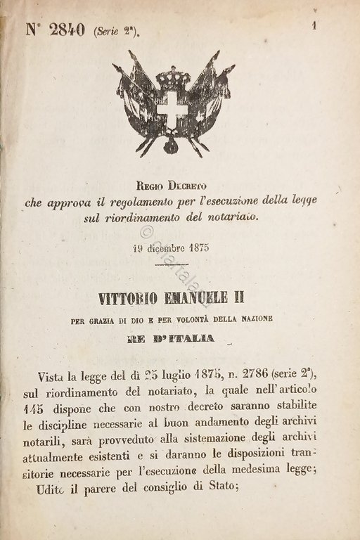 Decreto Regno Italia - Regolamento esecuzione legge riordinamento notariato 1875 | Immagine Gallery 1