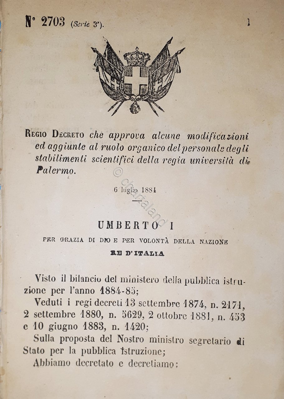 Decreto Regno Italia - Ruolo del personale stabilimenti scientifici Palermo …