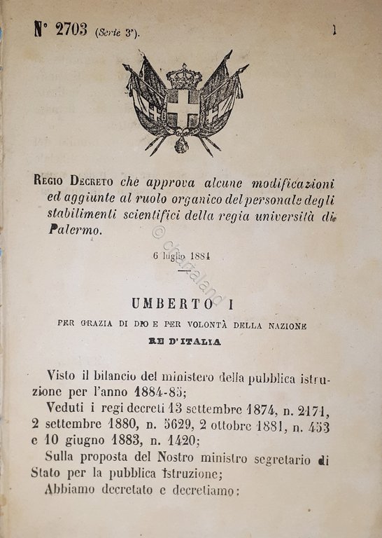 Decreto Regno Italia - Ruolo del personale stabilimenti scientifici Palermo 1884