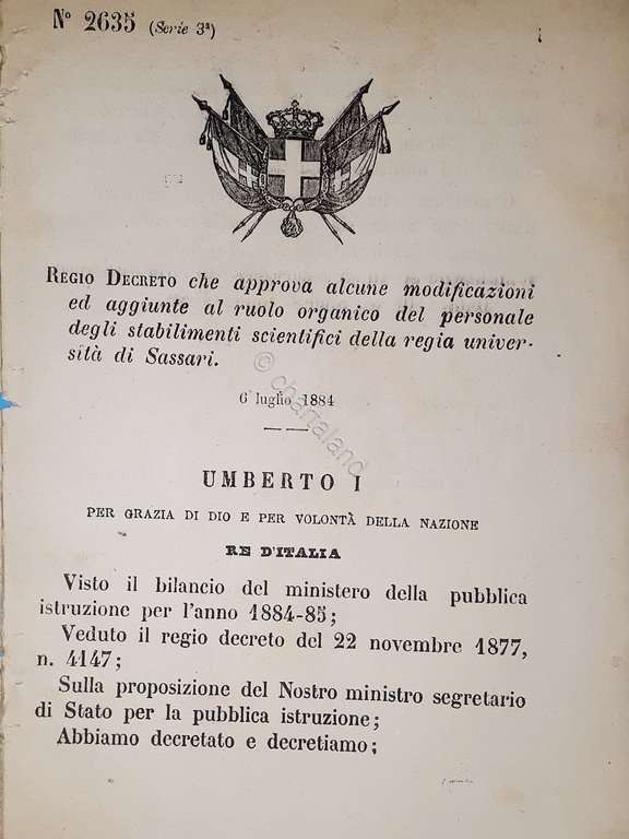 Decreto Regno Italia - Ruolo personale stabilimenti scientifici di Sassari 1884