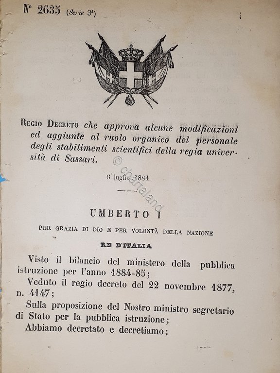 Decreto Regno Italia - Ruolo personale stabilimenti scientifici di Sassari …