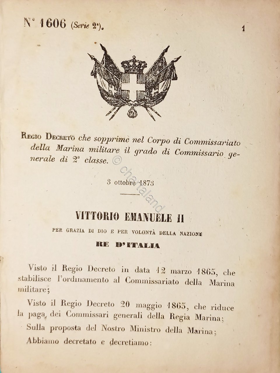 Decreto Regno Italia - Sopprime grado Corpo Commissariato Marina Militare …