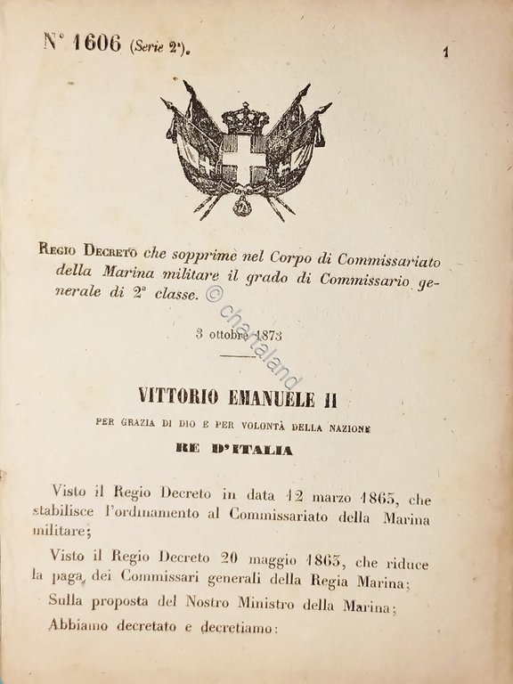 Decreto Regno Italia - Sopprime grado Corpo Commissariato Marina Militare …