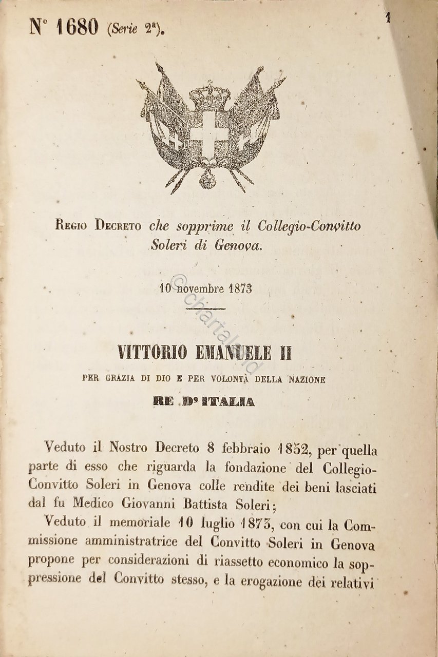 Decreto Regno Italia - Sopprime il Collegio-Convitto Soleri di Genova …
