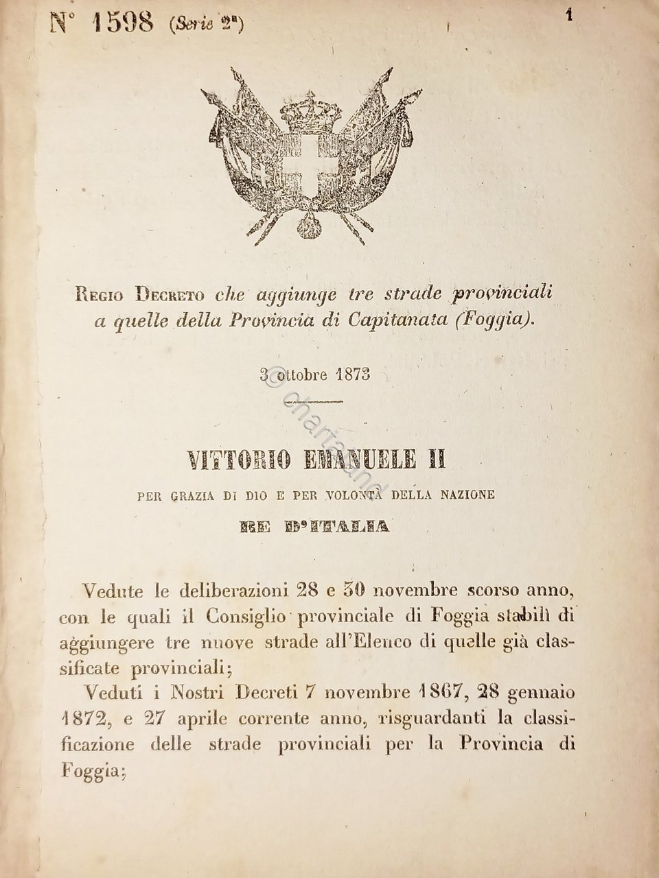 Decreto Regno Italia - Strade provinciali Provincia di Capitanata (Foggia) …