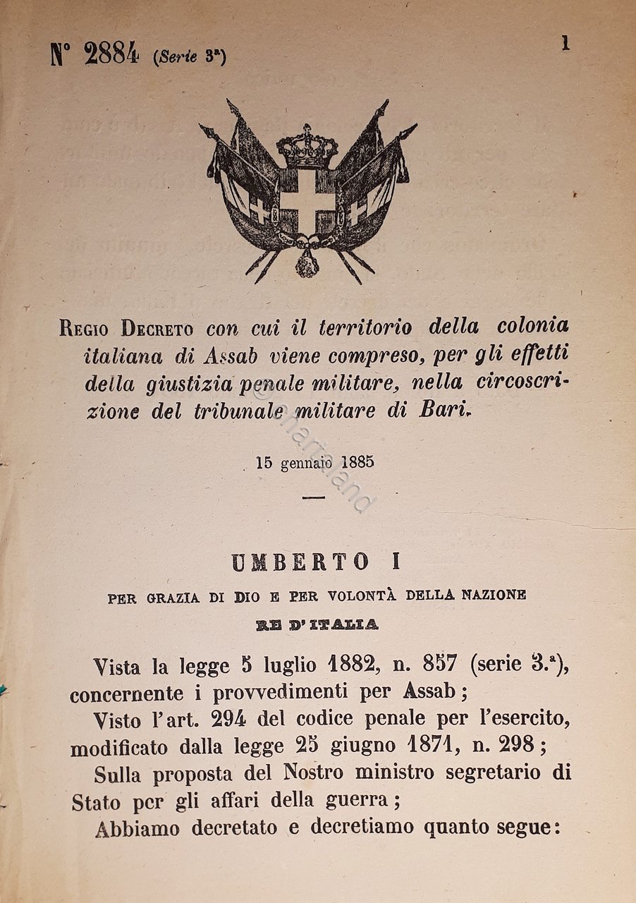 Decreto Regno Italia - Territorio Assab viene compreso circoscrizione Bari … | Immagine principale