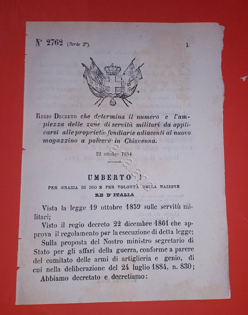 Decreto Regno Italia - Zone militari adiacenti magazzino polvere Chiavenna …