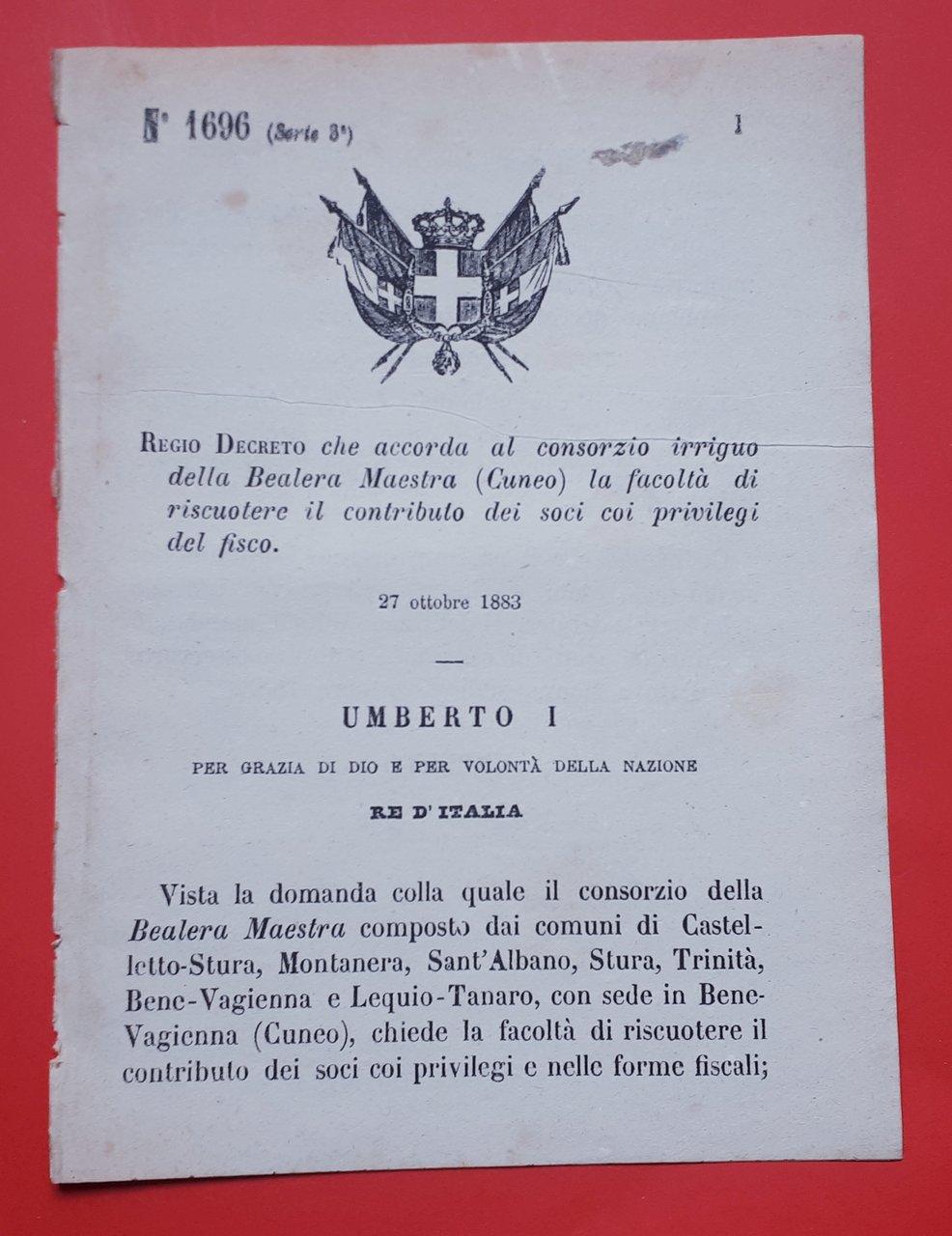 Decreto Regno Italia Accordo Bealera Maestra facoltà riscuotere contributo 1883