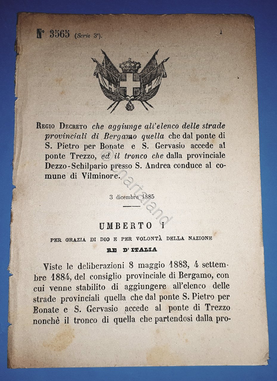 Decreto Regno Italia Aggiunge strada Bergamo che conduce comune Vilminore … | Immagine principale