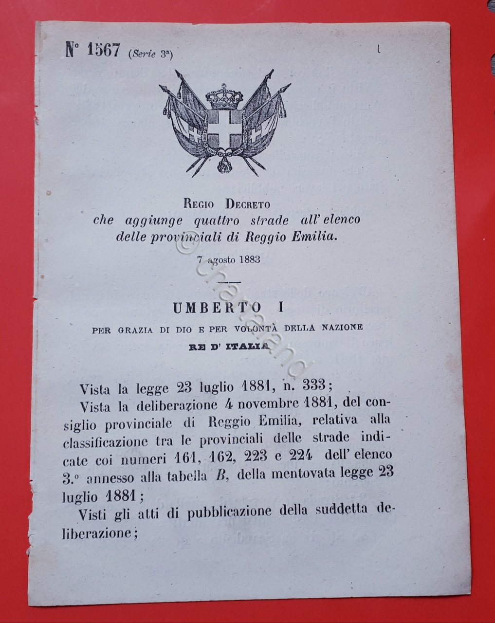 Decreto Regno Italia Aggiunte quattro strade provinciali Reggio Emilia 1883