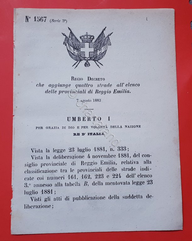 Decreto Regno Italia Aggiunte quattro strade provinciali Reggio Emilia 1883