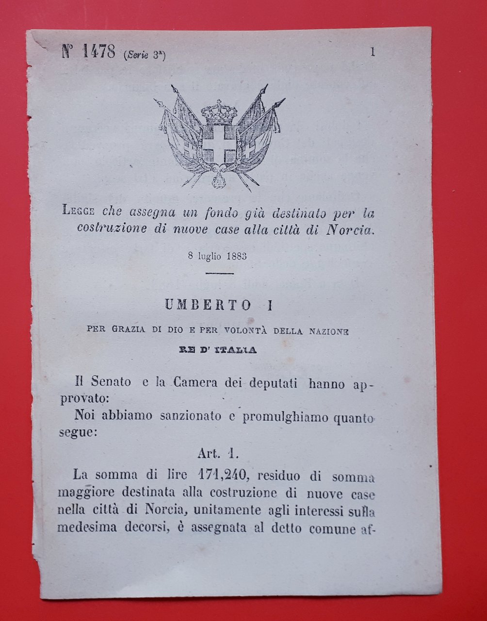 Decreto Regno Italia Assegnazione fondo costruzione nuove case città Norcia …