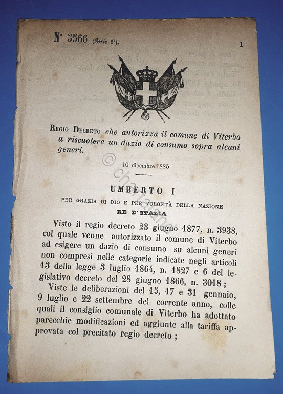 Decreto Regno Italia Autorizza comune Viterbo a riscuotere un dazio consumo 1885