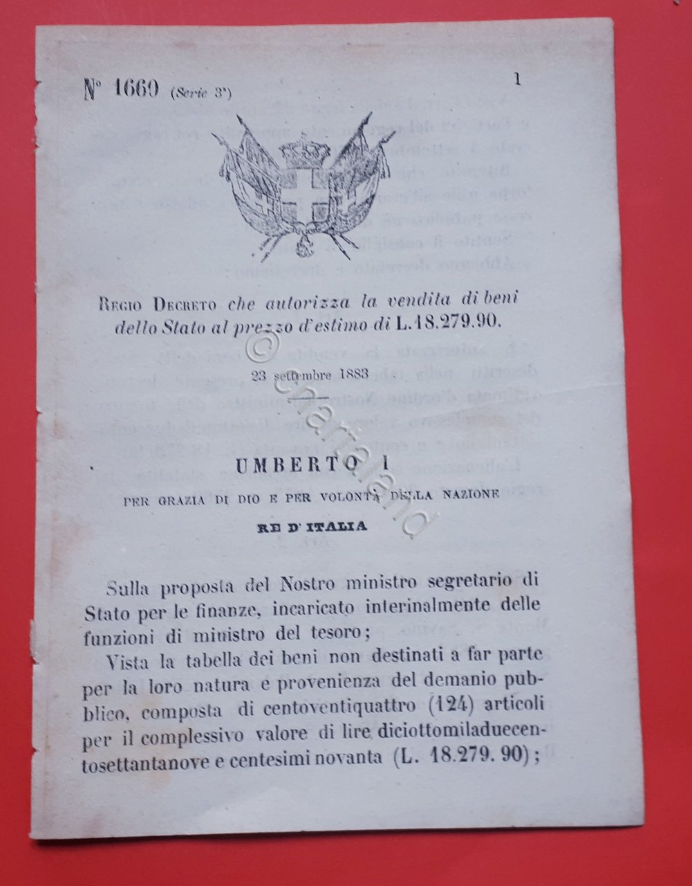Decreto Regno Italia Autorizza vendita di beni dello Stato di …