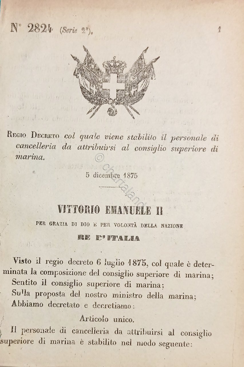 Decreto Regno Italia Cancelleria da attribuirsi consiglio superiore marina 1875