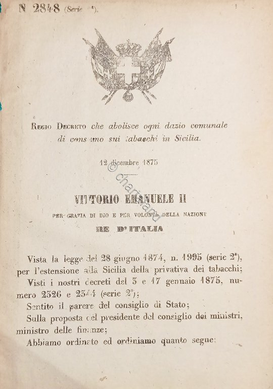 Decreto Regno Italia che abolisce dazi consumo tabacchi in Sicilia …