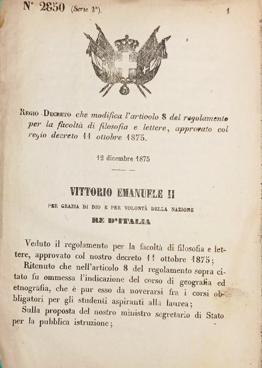 Decreto Regno Italia che modifica regolamento per la facoltà e …