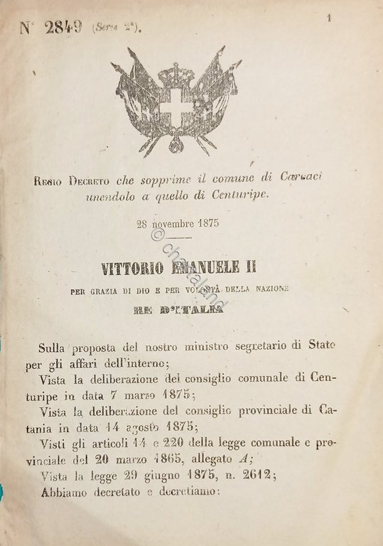 Decreto Regno Italia che sopprime comune Carcaci unendolo a Centuripe …