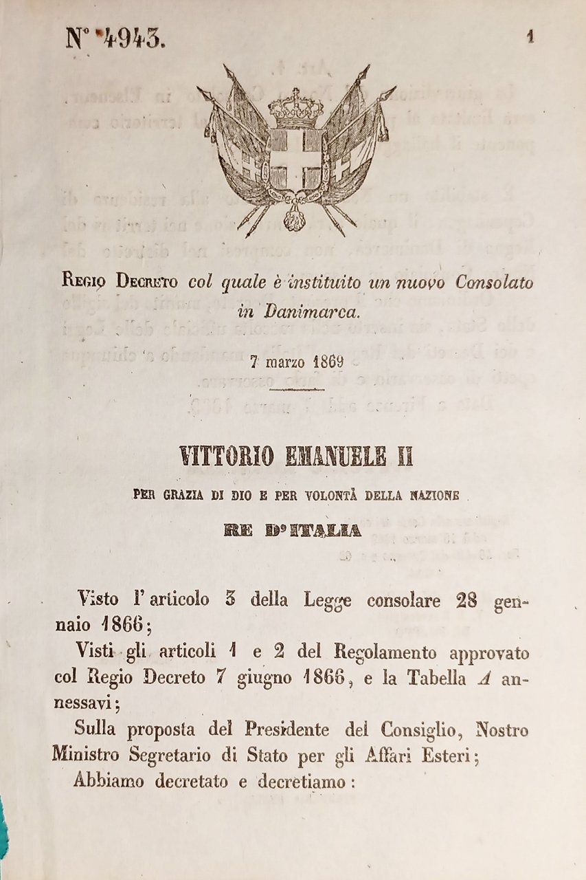 Decreto Regno Italia col quale è instituito un nuovo Consolato …