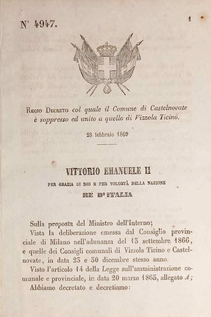 Decreto Regno Italia Comune Castelnovate è unito a quello di …