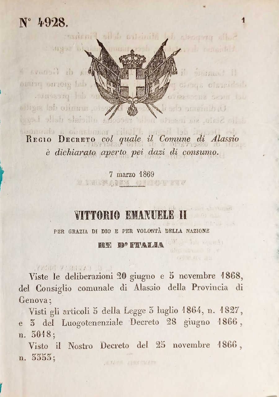 Decreto Regno Italia Comune di Alassio è dichiarato aperto pei …