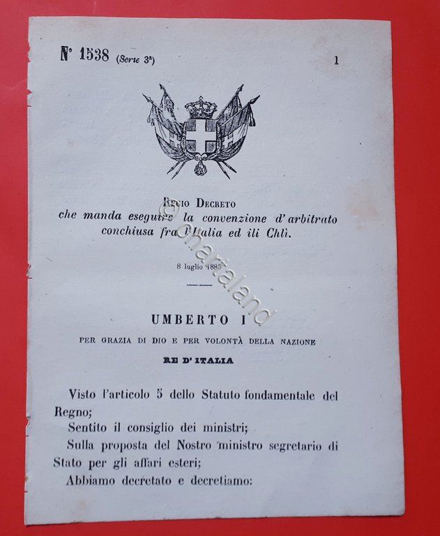 Decreto Regno Italia Convenzione Italia ILI Chli - 1883