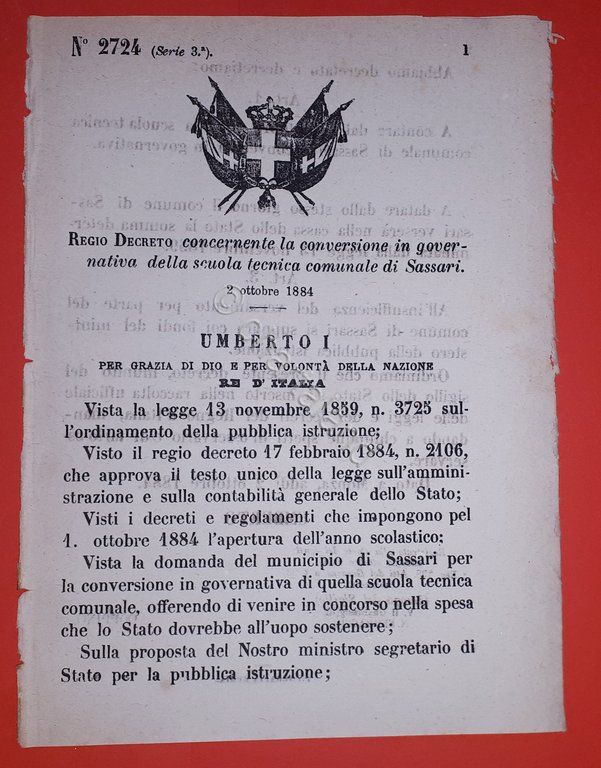 Decreto Regno Italia Conversione in governativa scuola tecnica di Sassari 1884
