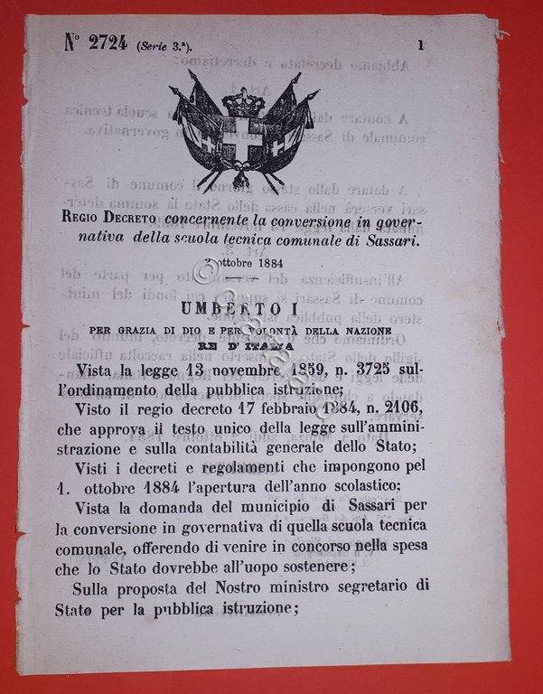 Decreto Regno Italia Conversione in governativa scuola tecnica di Sassari …