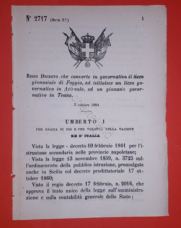 Decreto Regno Italia Conversione Liceo Foggia Acireale Teano - 1884