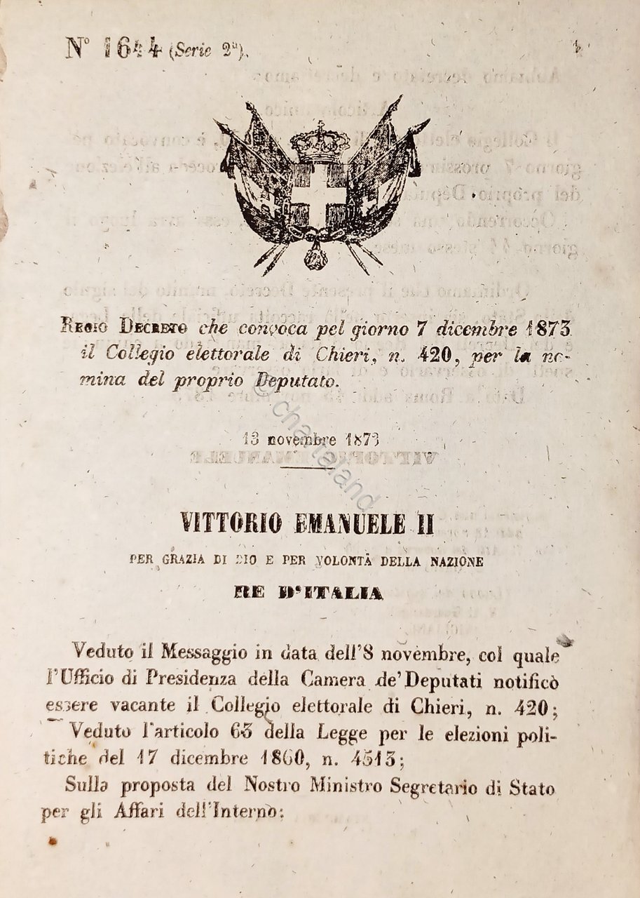 Decreto Regno Italia Convoca Collegio elettorale di Chieri nomina Deputato …